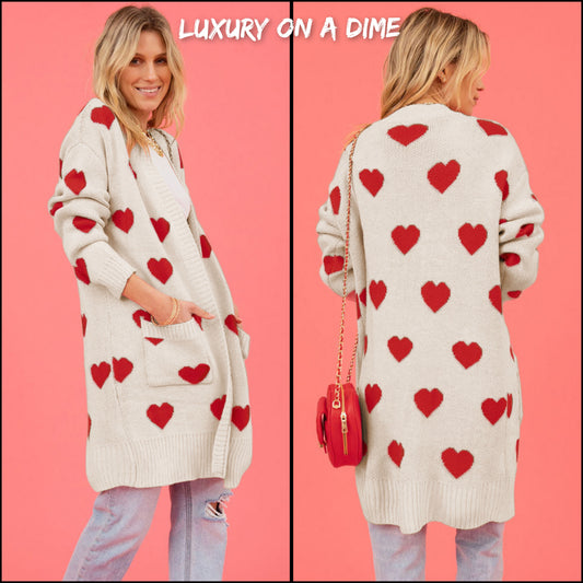 Red Heart Long Knit Open Front Longline Pocket Casual Sweater Cardigan