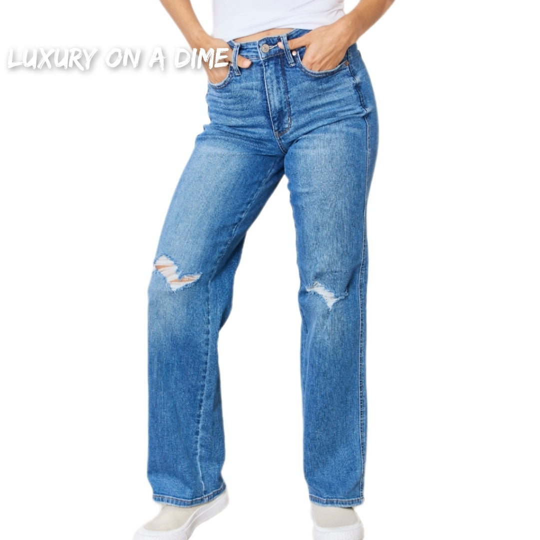 High Rise Tummy Control Distressed Straight Leg Denim Jean Pants Judy Blue