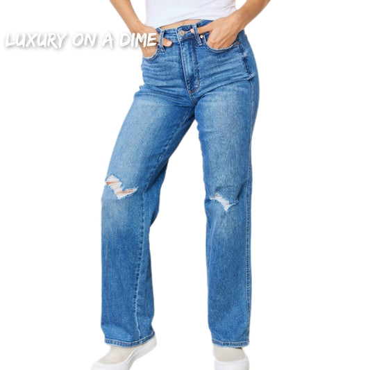 High Rise Tummy Control Distressed Straight Leg Denim Jean Pants Judy Blue