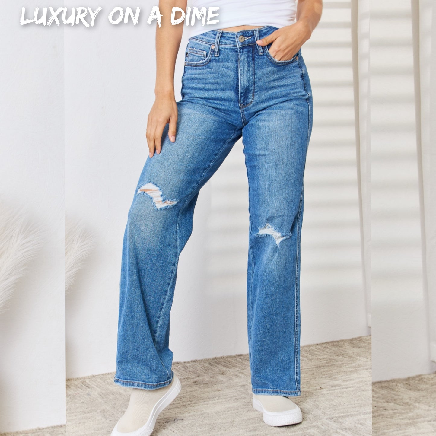 High Rise Tummy Control Distressed Straight Leg Denim Jean Pants Judy Blue