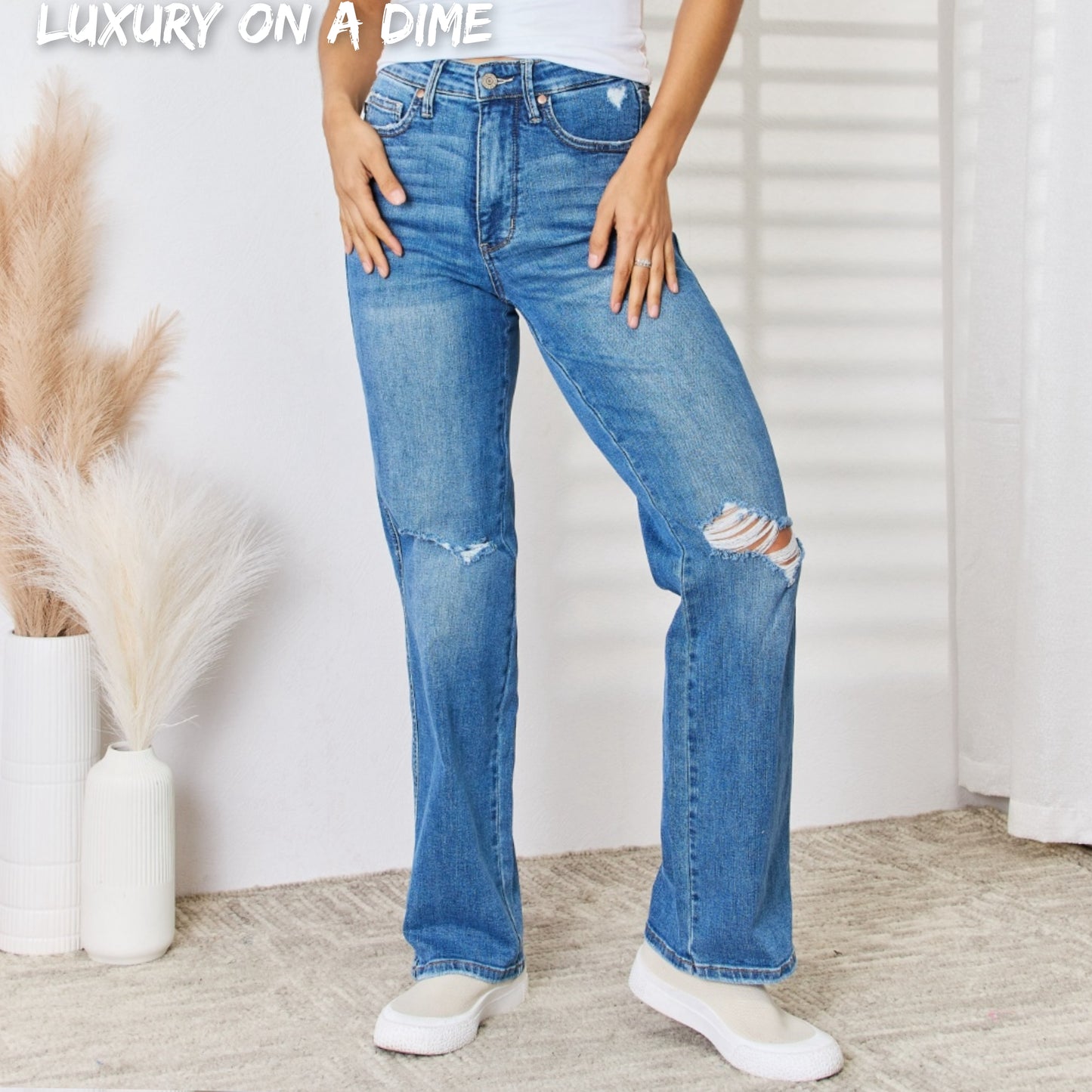 High Rise Tummy Control Distressed Straight Leg Denim Jean Pants Judy Blue