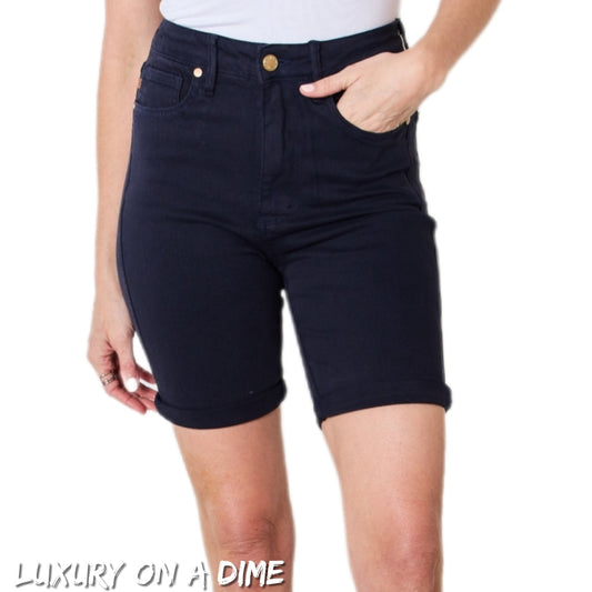 High Rise Tummy Control Cuff Hem Bermuda Denim Navy Jean Shorts Judy Blue