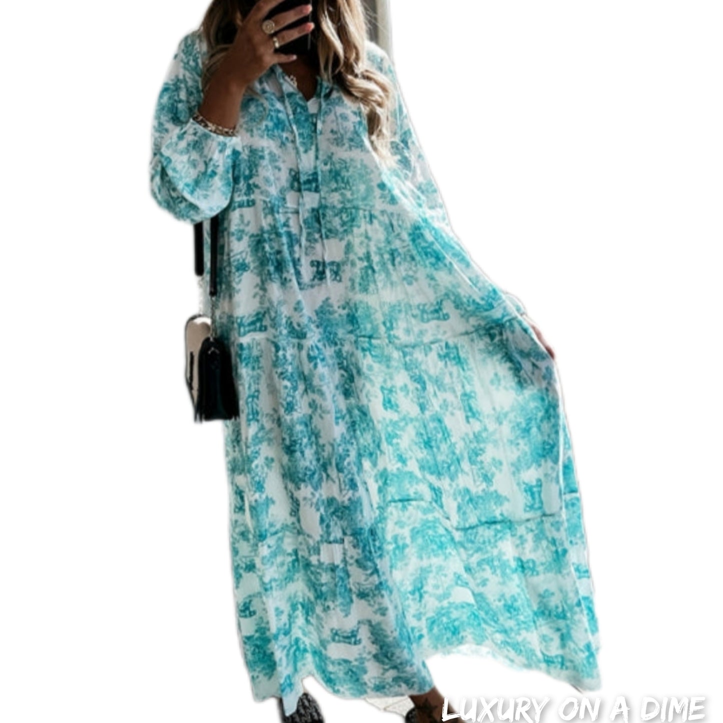 Boho Jungle Modest Ruffle Tie Mock Neck Long Sleeve Tiered Oversized Maxi Dress