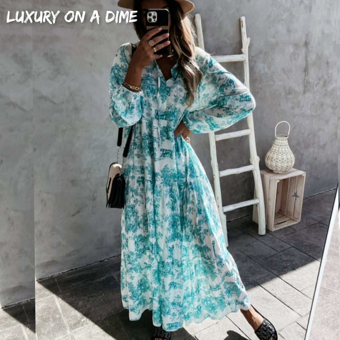 Boho Jungle Modest Ruffle Tie Mock Neck Long Sleeve Tiered Oversized Maxi Dress