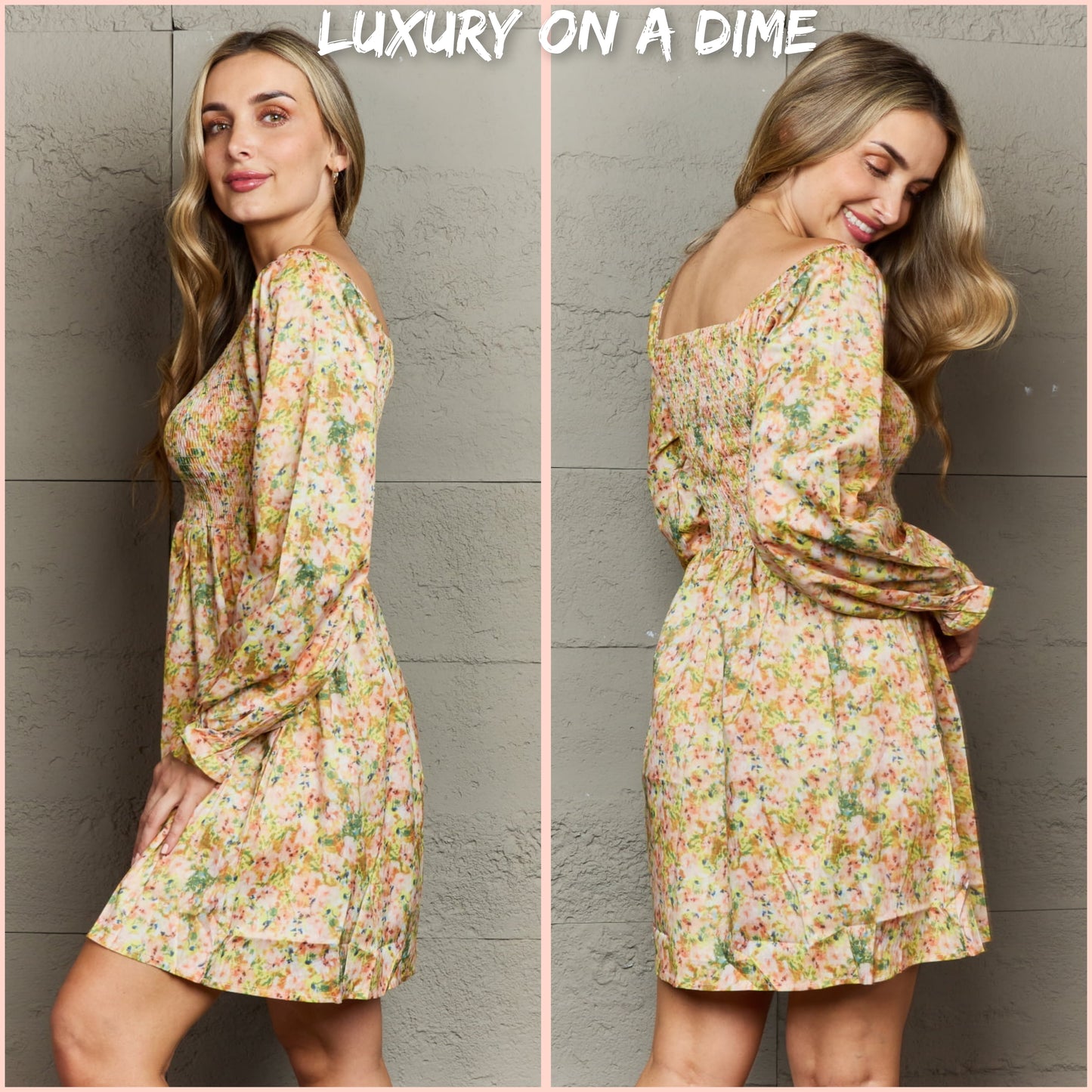 Retro Floral Smocked Bodice Long Sleeve Colorful Babydoll Mini Dress