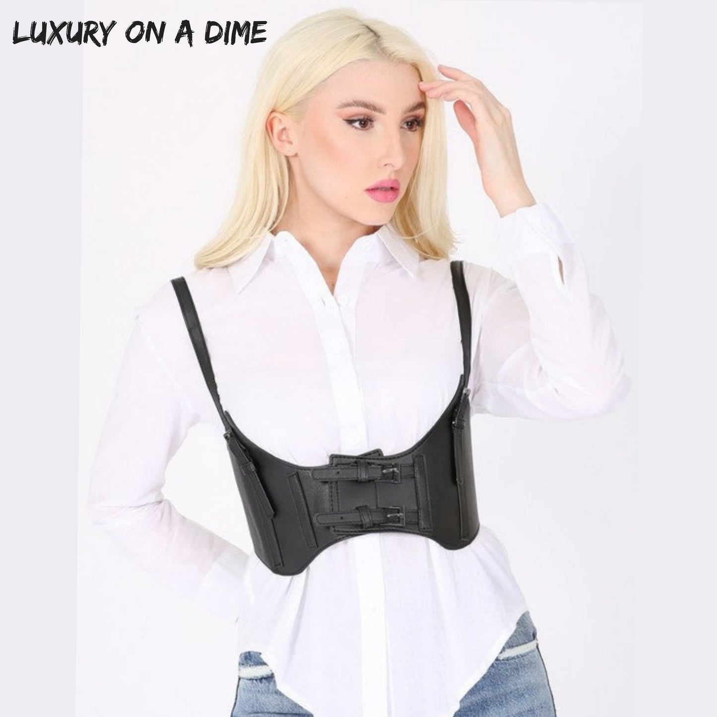 Faux Leather Corset Underbust Waist Belt Harness Shoulder Straps