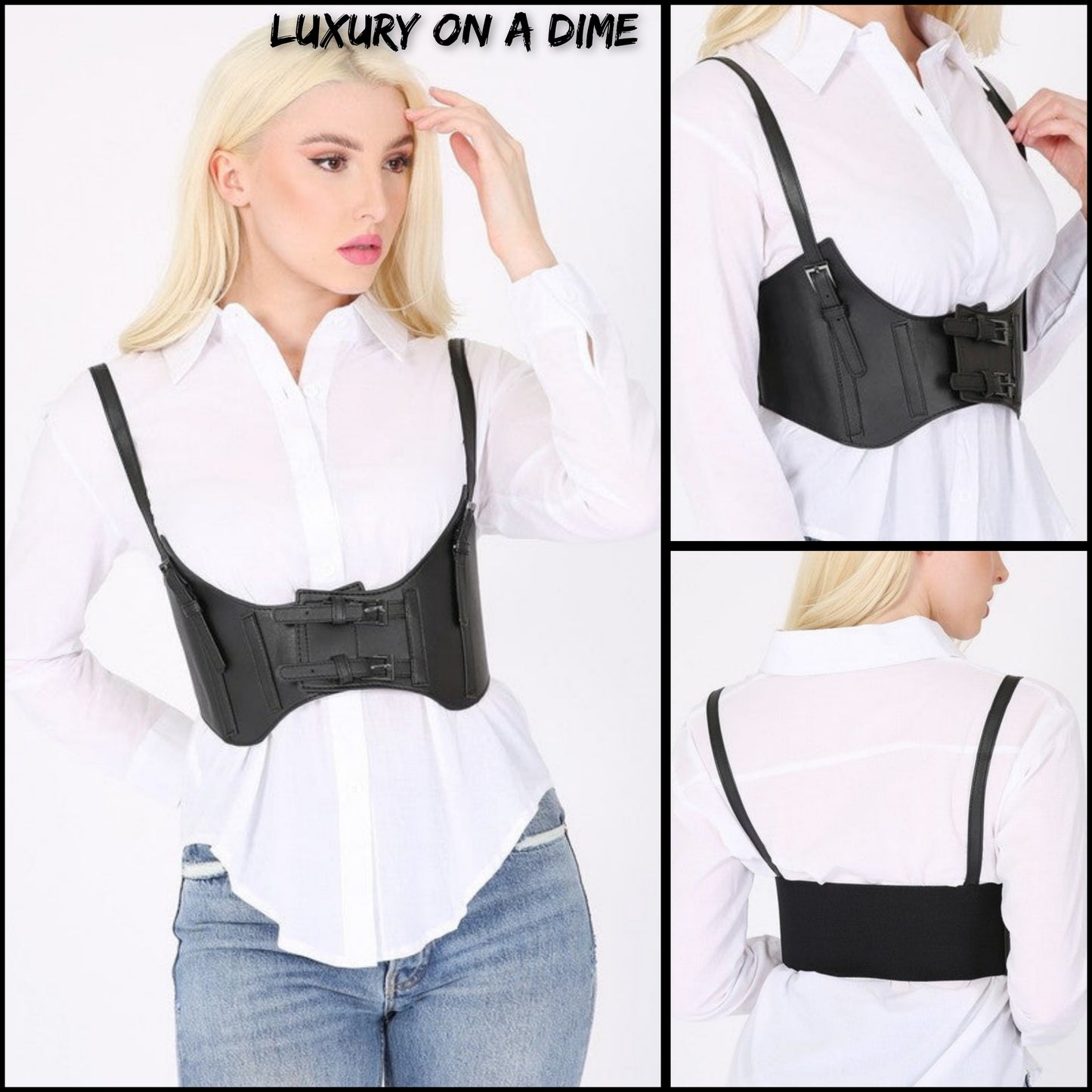 Faux Leather Corset Underbust Waist Belt Harness Shoulder Straps