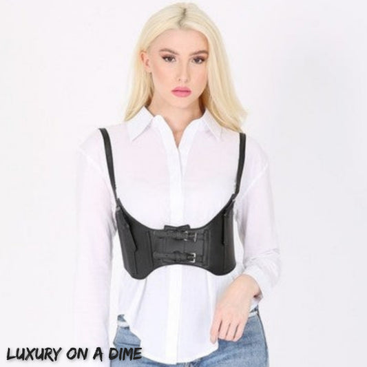 Faux Leather Corset Underbust Waist Belt Harness Shoulder Straps