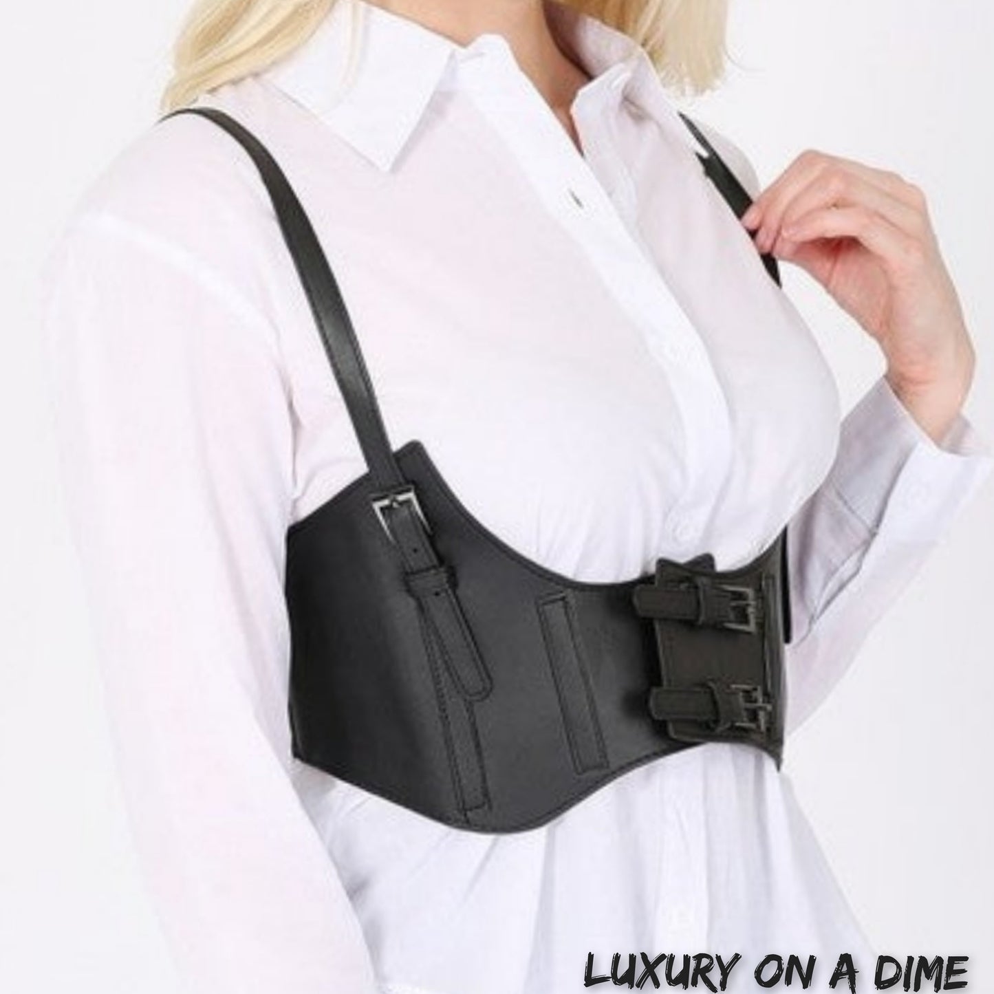Faux Leather Corset Underbust Waist Belt Harness Shoulder Straps