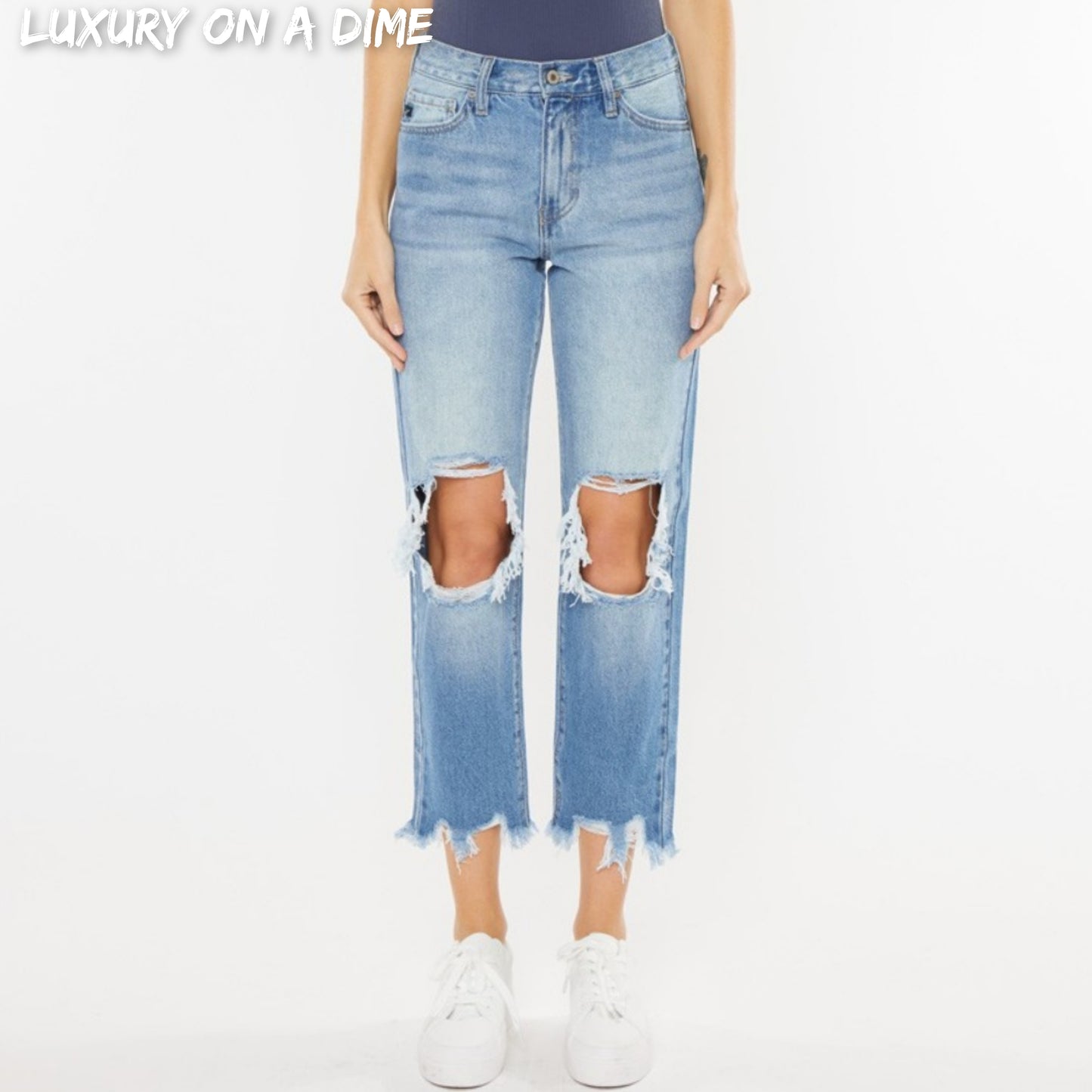 KanCan High-Rise Distressed Denim Raw Cropped Straight Leg Mom Jean Cotton Pants