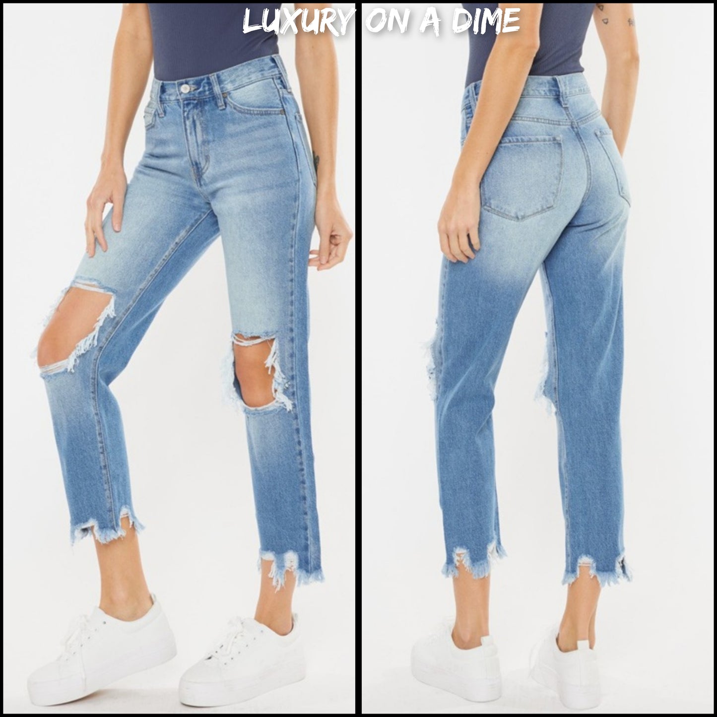 KanCan High-Rise Distressed Denim Raw Cropped Straight Leg Mom Jean Cotton Pants