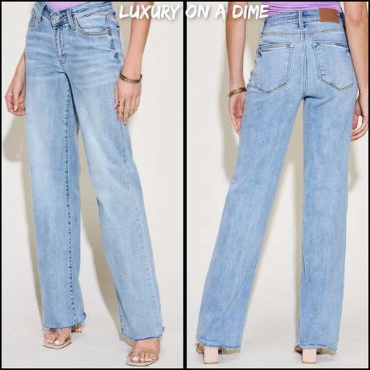 Judy Blue Mid-Rise V-Waist Front Denim Straight Leg Raw Hem Mom Jean Pants