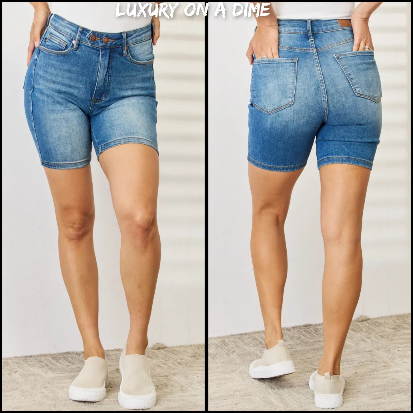 Judy Blue Tummy Control High Rise Retro Double Button Waist Denim Jean Shorts