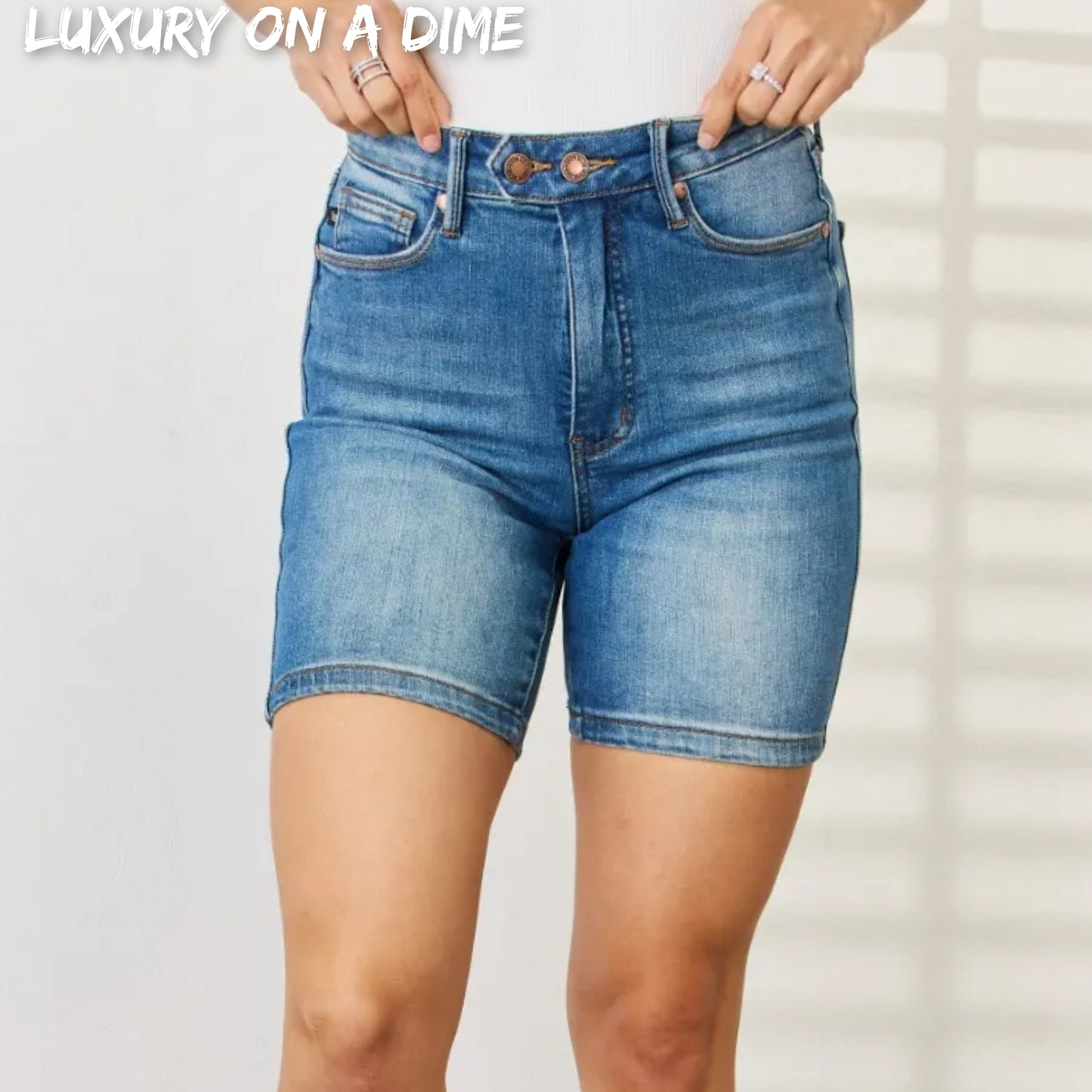 Judy Blue Tummy Control High Rise Retro Double Button Waist Denim Jean Shorts