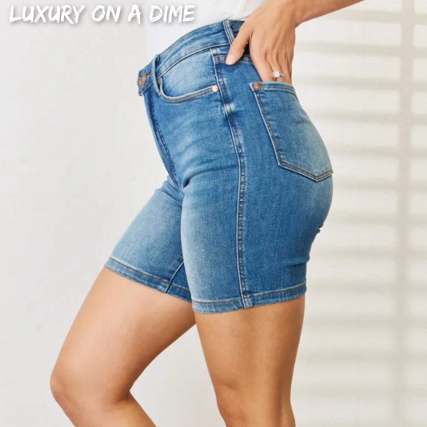 Judy Blue Tummy Control High Rise Retro Double Button Waist Denim Jean Shorts