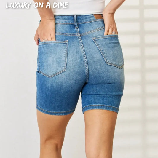 Judy Blue Tummy Control High Rise Retro Double Button Waist Denim Jean Shorts