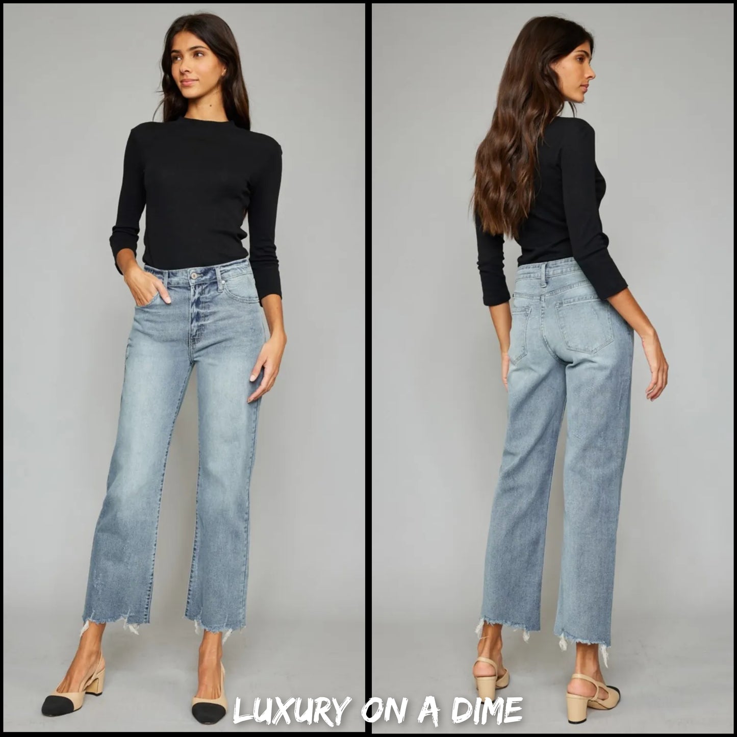 KanCan High-Rise Waist Raw Distressed Cropped Hem Wide Leg Mom Denim Jean Pants