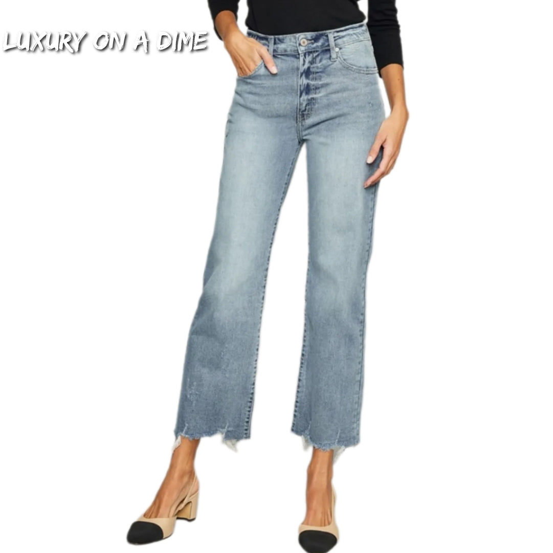 KanCan High-Rise Waist Raw Distressed Cropped Hem Wide Leg Mom Denim Jean Pants