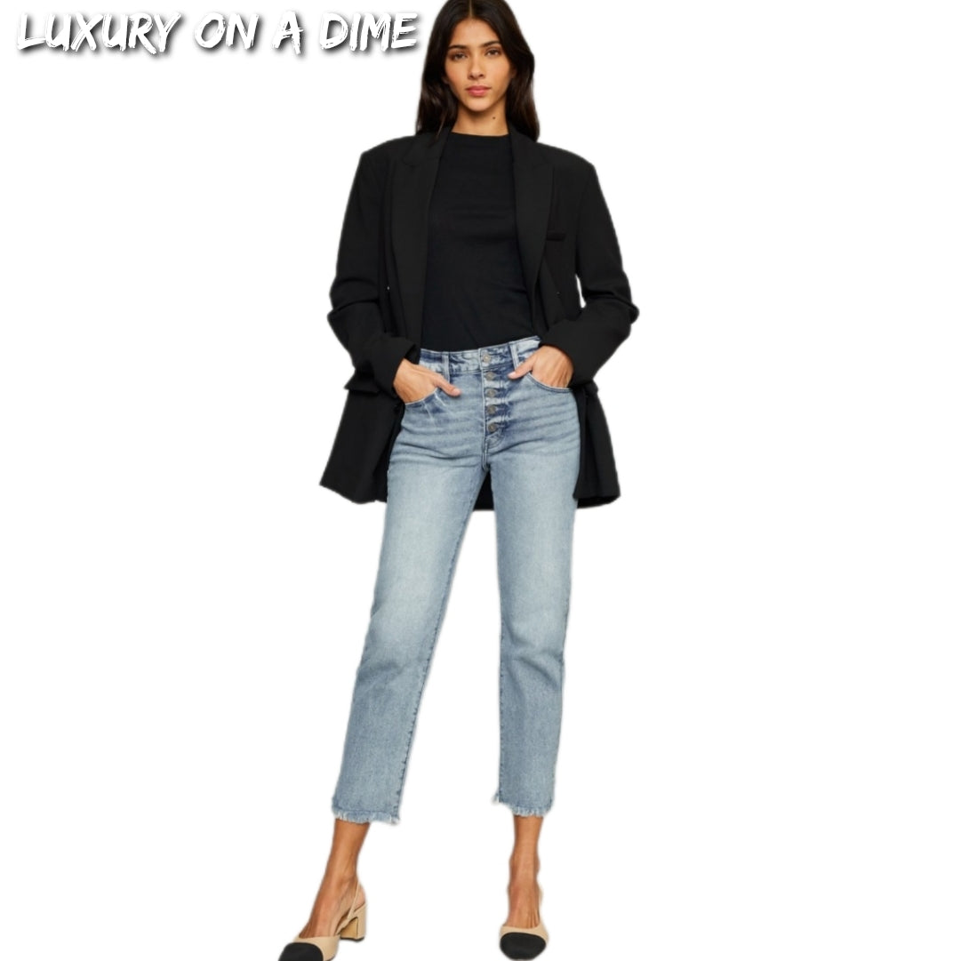 KanCan High-Rise Waist Button Fly Raw Split Cropped Hem Mom Denim Jean Pants