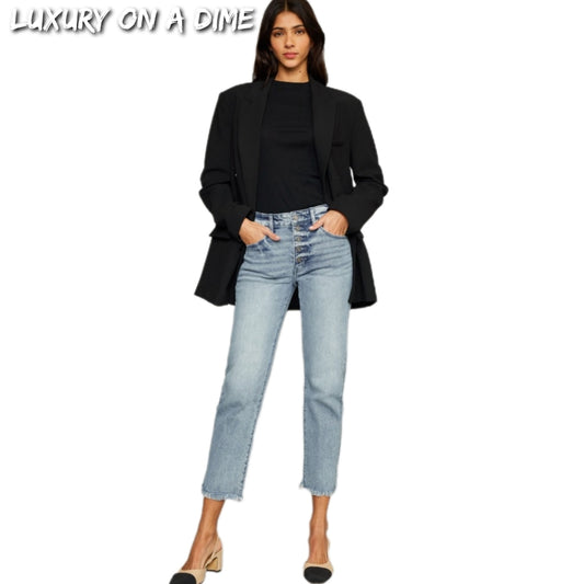 KanCan High-Rise Waist Button Fly Raw Split Cropped Hem Mom Denim Jean Pants
