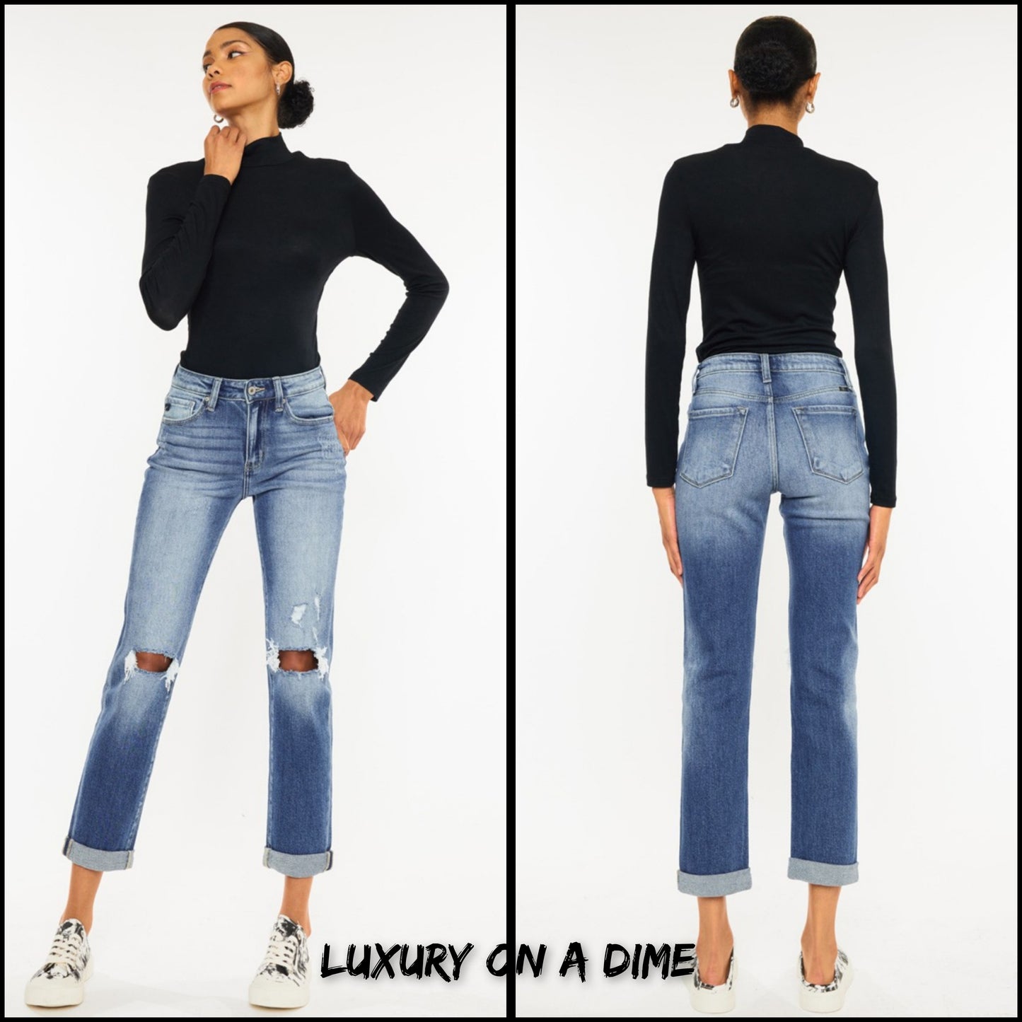 KanCan High-Rise Waist Distressed Denim Cuff Cropped Hem Straight Leg Jean Pants