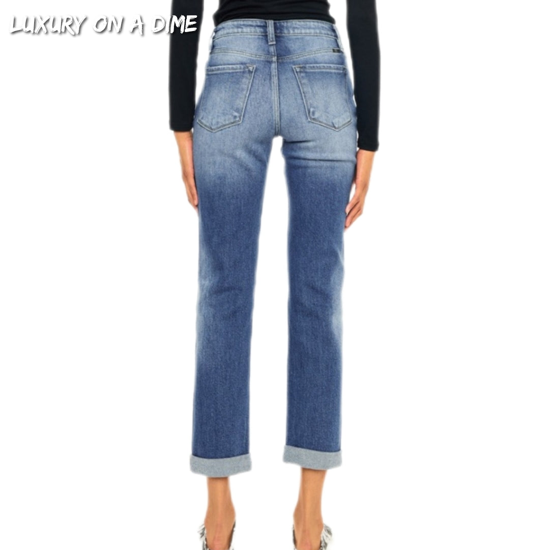 KanCan High-Rise Waist Distressed Denim Cuff Cropped Hem Straight Leg Jean Pants