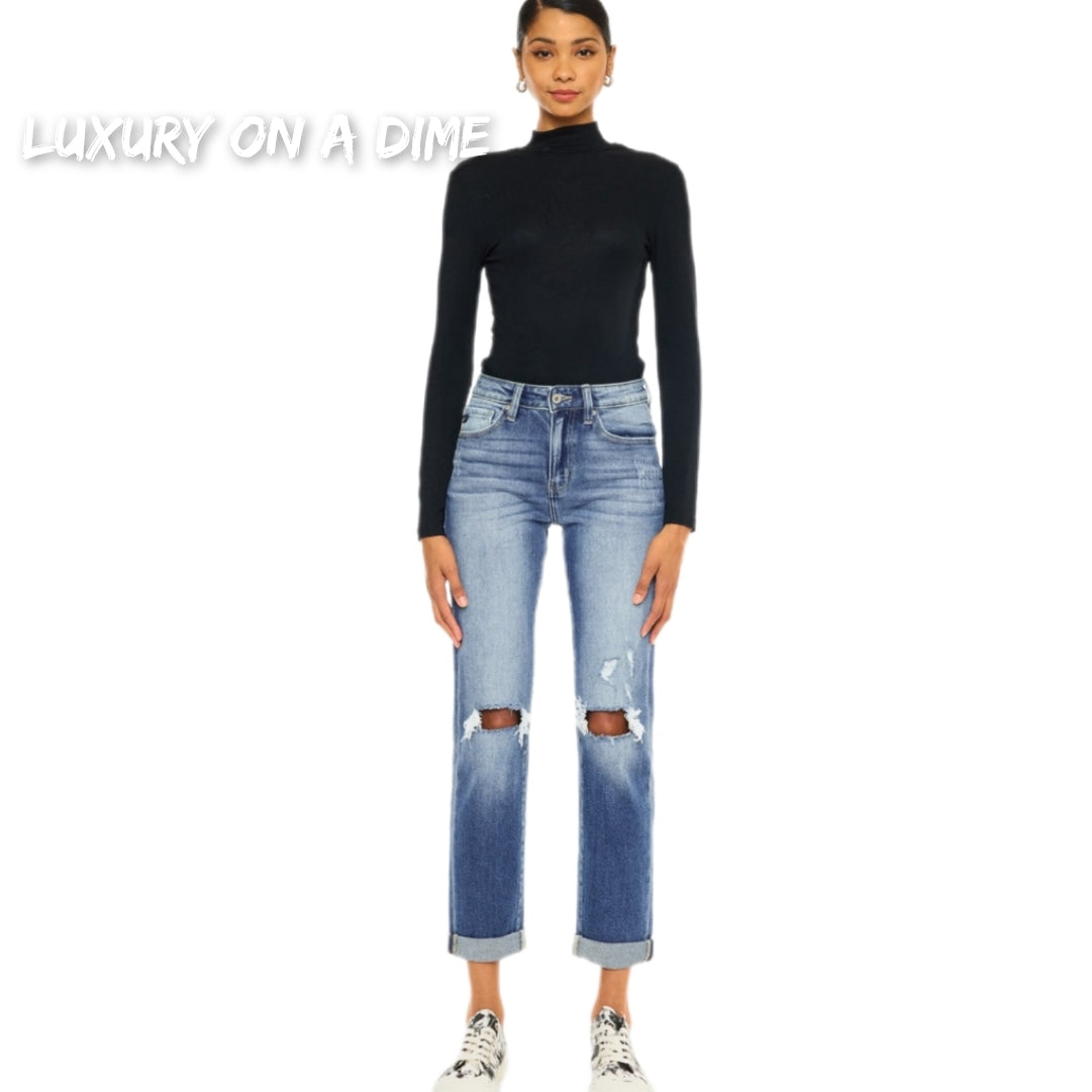 KanCan High-Rise Waist Distressed Denim Cuff Cropped Hem Straight Leg Jean Pants