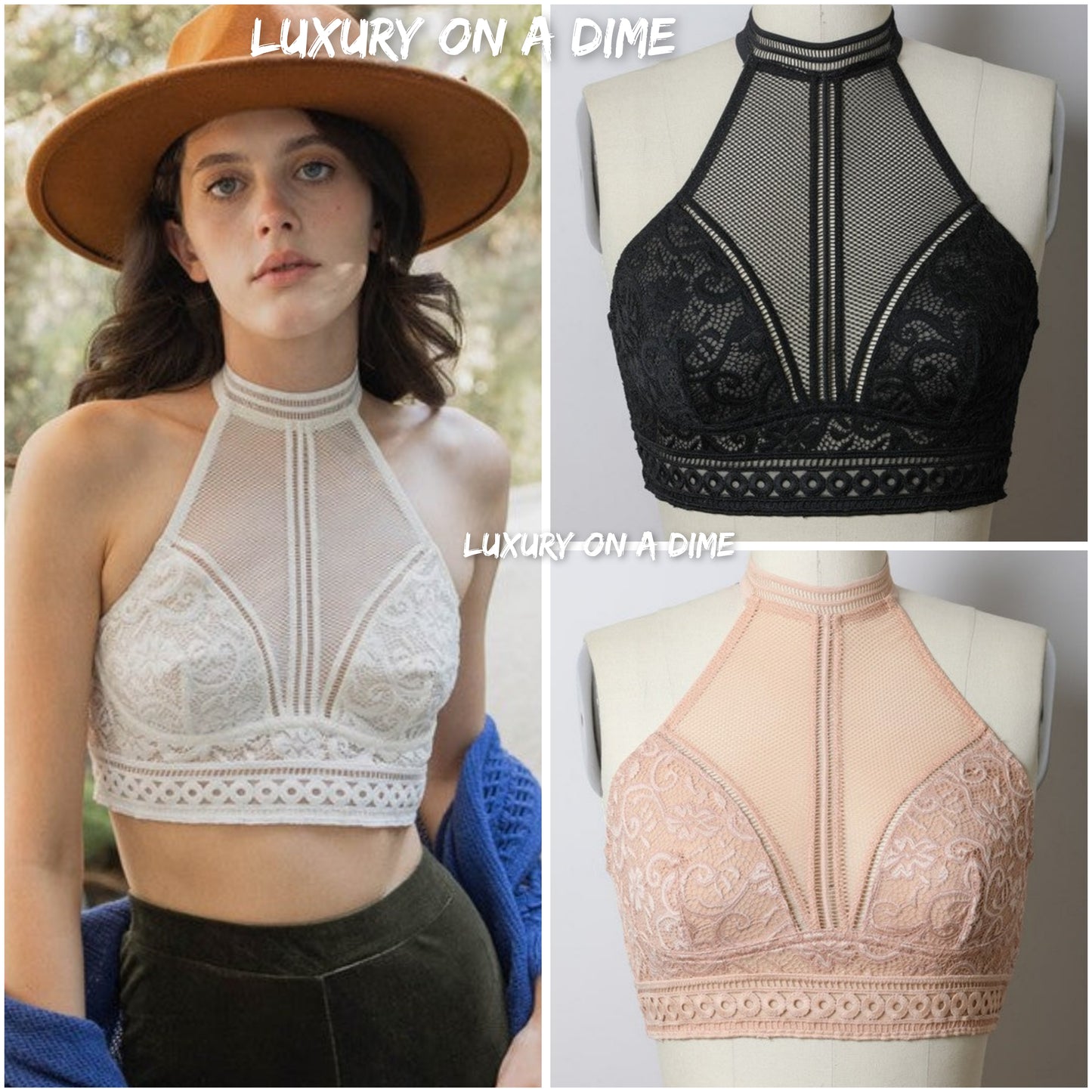 Lace Mesh High-Neck Choker Bohemian Crop Top Wireless Women's Bralette Bra