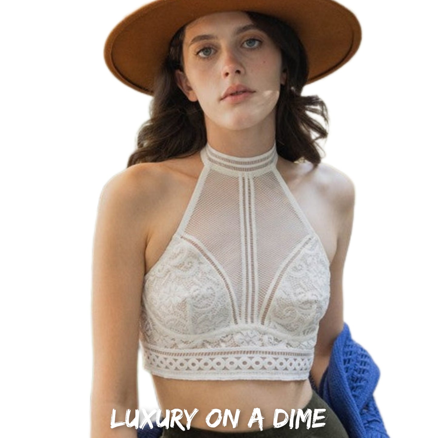 Lace Mesh High-Neck Choker Bohemian Crop Top Wireless Women's Bralette Bra