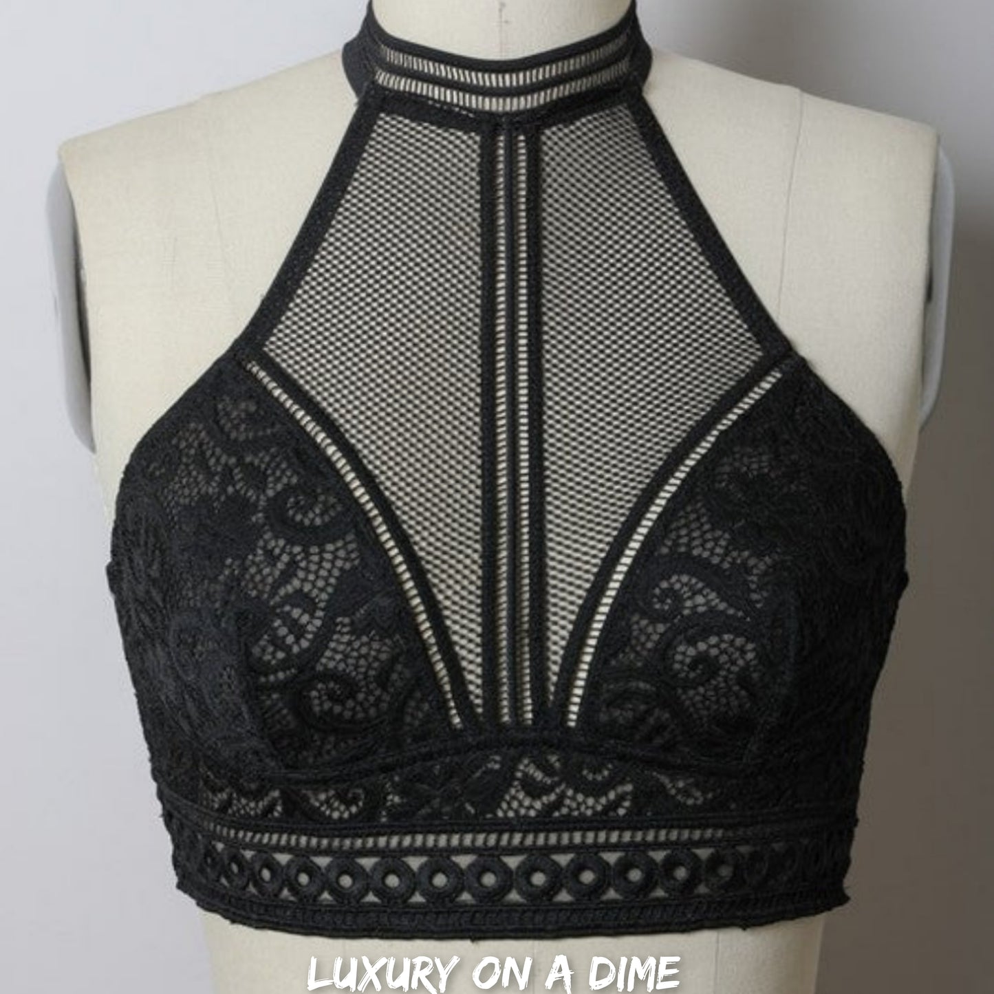 Lace Mesh High-Neck Choker Bohemian Crop Top Wireless Women's Bralette Bra