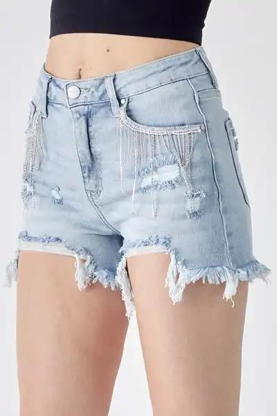 RISEN Rhinestone Chain Fringe Raw Hem Distressed Jean Torn Cut-Off Denim Shorts