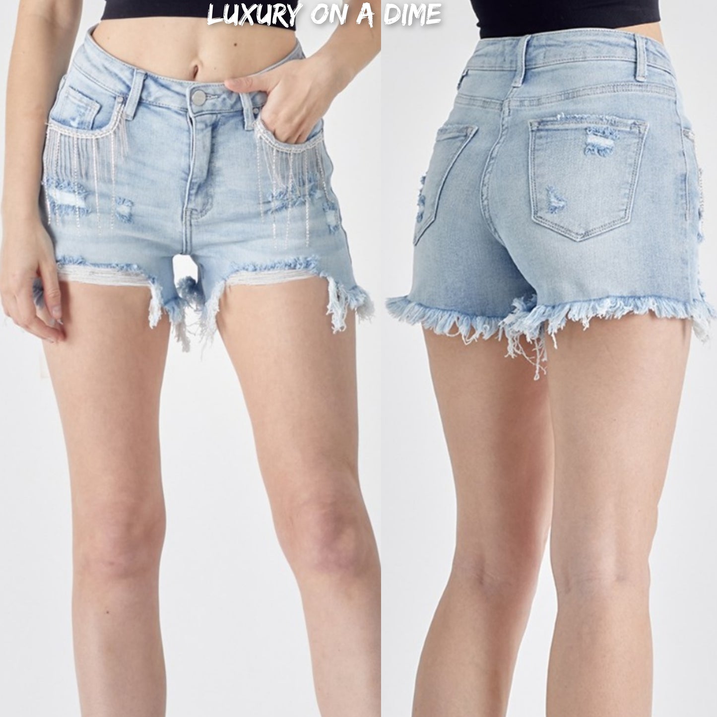 RISEN Rhinestone Chain Fringe Raw Hem Distressed Jean Torn Cut-Off Denim Shorts