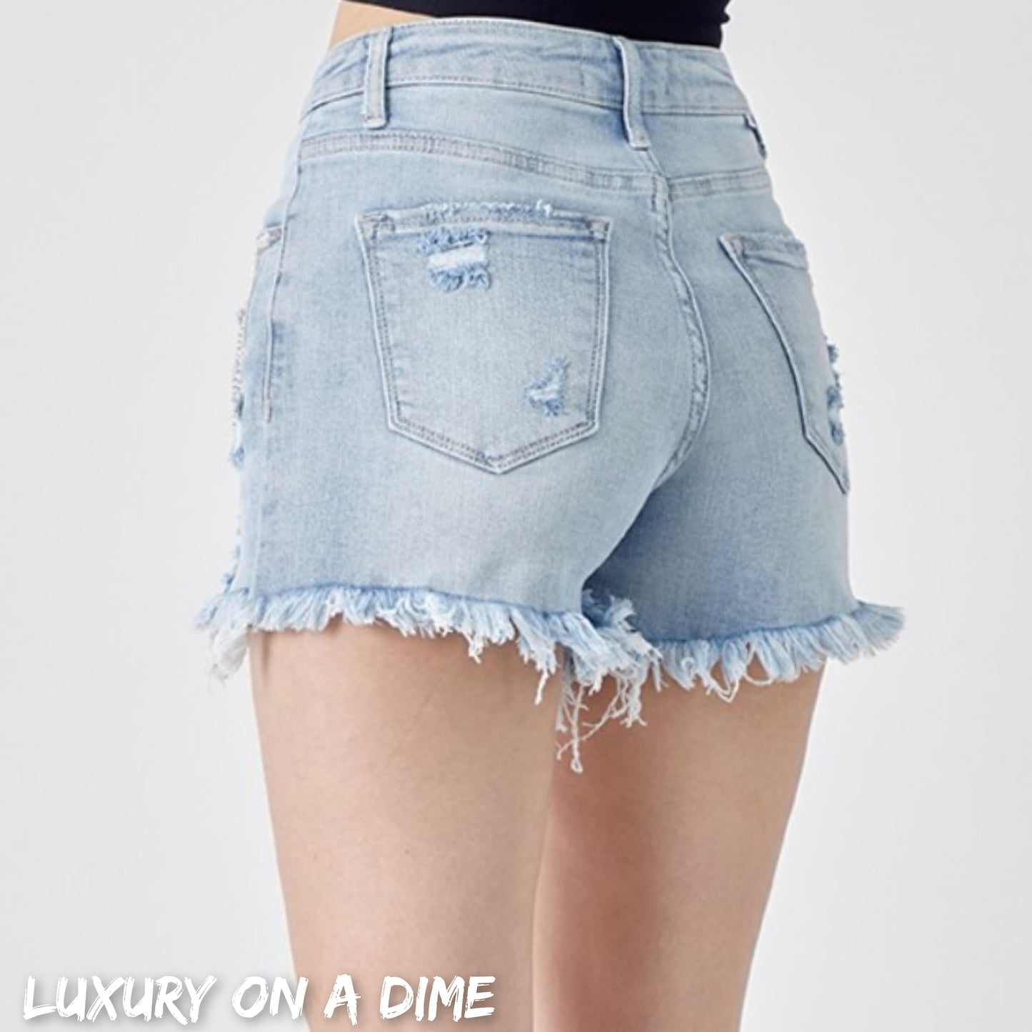 RISEN Rhinestone Chain Fringe Raw Hem Distressed Jean Torn Cut-Off Denim Shorts