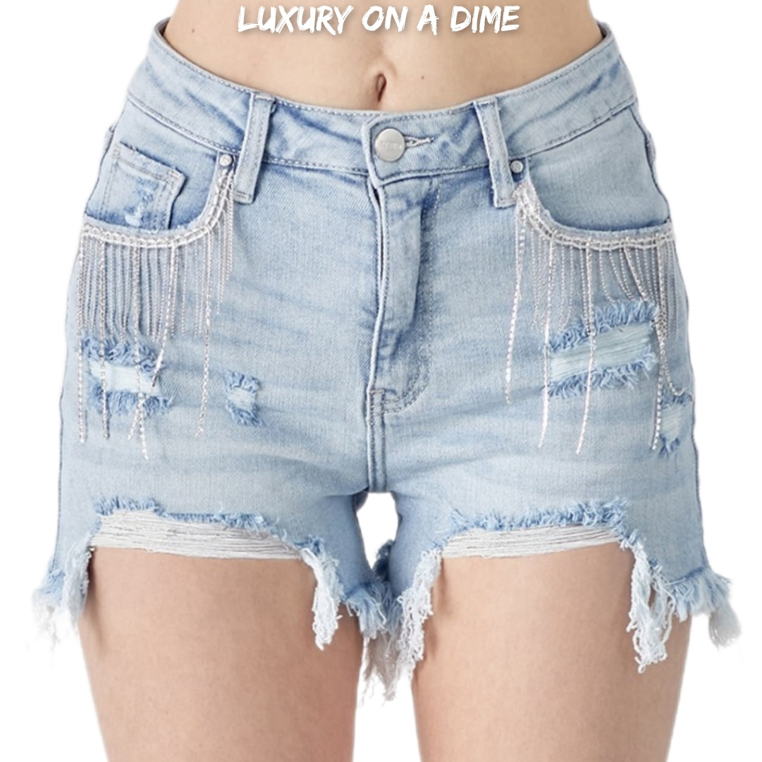 RISEN Rhinestone Chain Fringe Raw Hem Distressed Jean Torn Cut-Off Denim Shorts