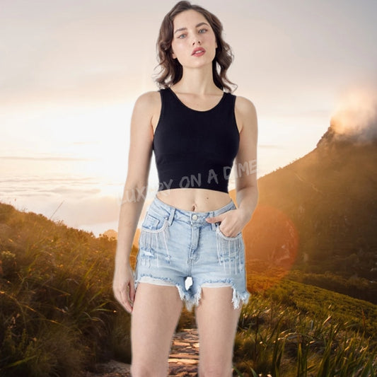 RISEN Rhinestone Chain Fringe Raw Hem Distressed Jean Torn Cut-Off Denim Shorts