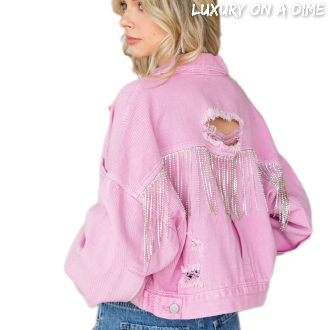 Denim Jacket Chain Cropped Distressed Frayed Denim Holes Button Up Veveret