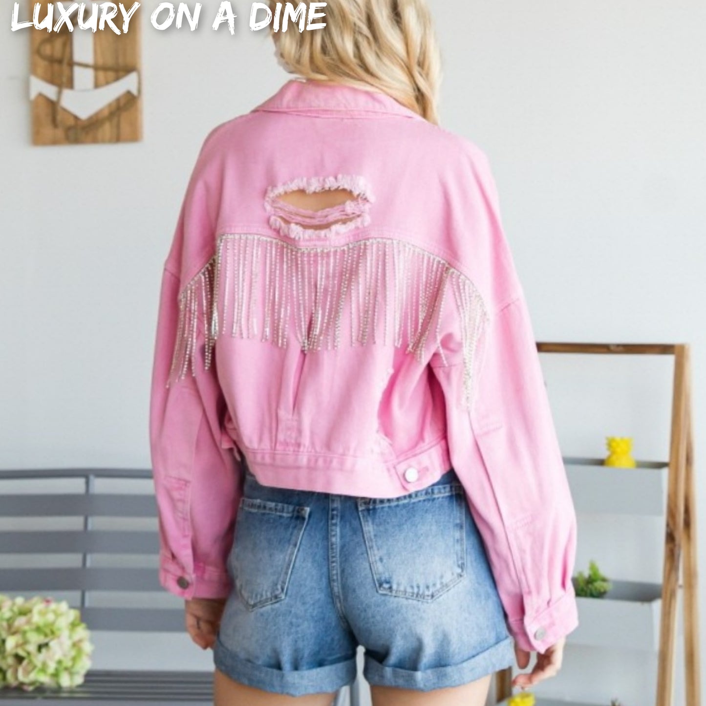 Denim Jacket Chain Cropped Distressed Frayed Denim Holes Button Up Veveret