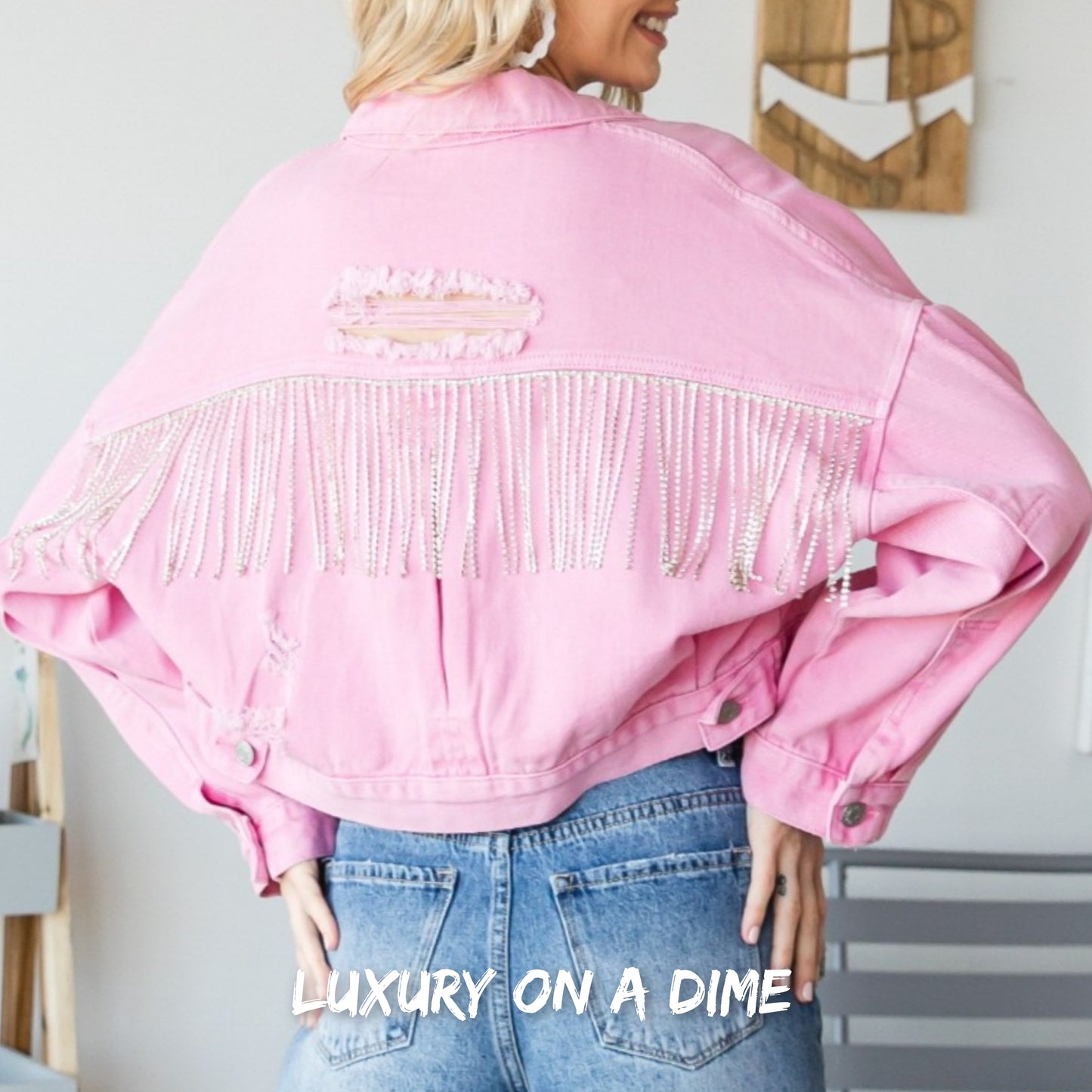Denim Jacket Chain Cropped Distressed Frayed Denim Holes Button Up Veveret