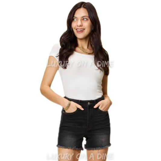 High Rise Tummy Control Denim Shorts Slim Leg Black Jean Cut-off Raw Fray Hem Judy Blue