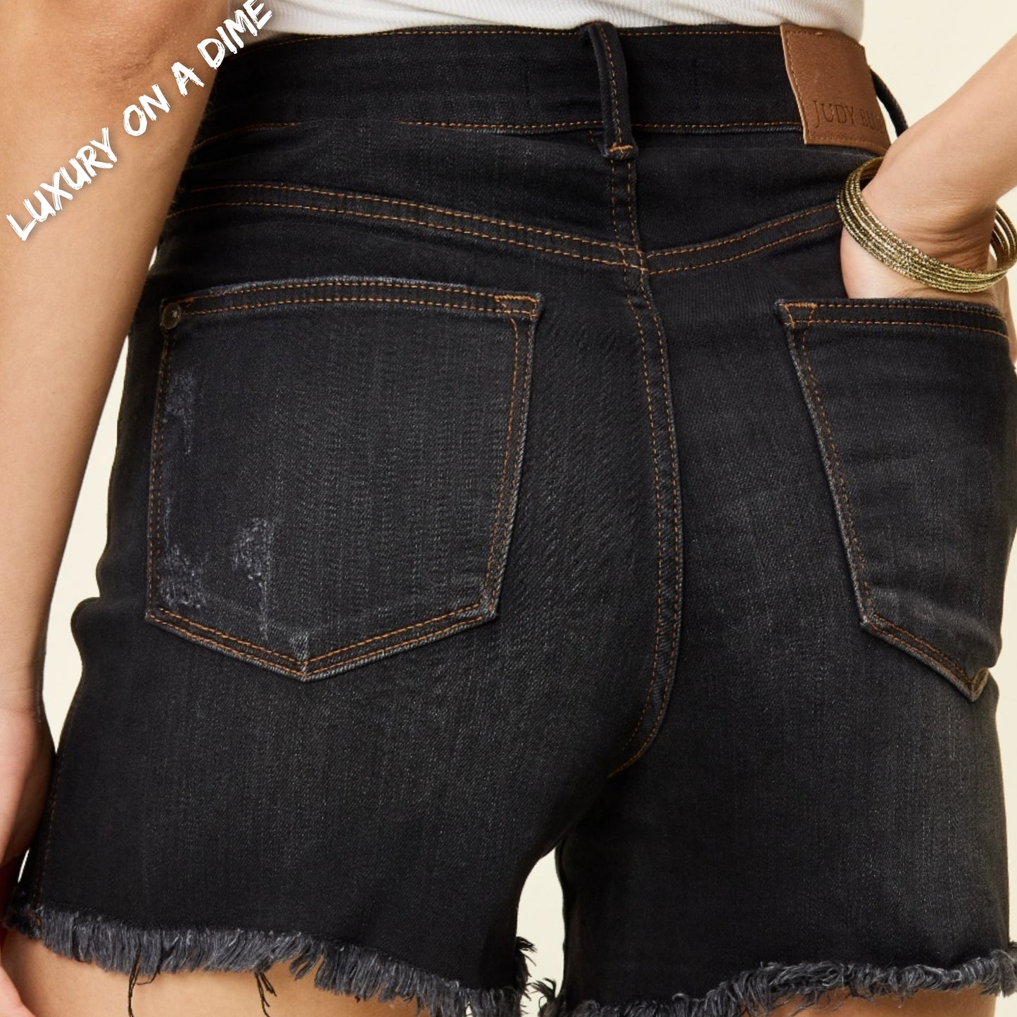 High Rise Tummy Control Denim Shorts Slim Leg Black Jean Cut-off Raw Fray Hem Judy Blue