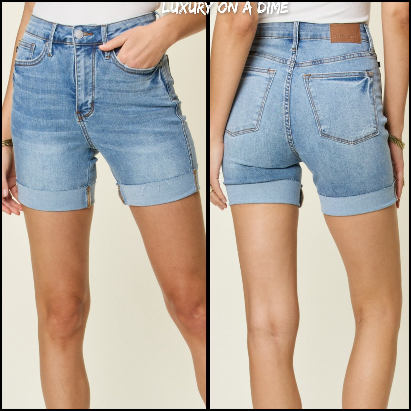 High Rise Tummy Control Denim Shorts Raw Frayed Cuffed Slim Leg Jean Judy Blue
