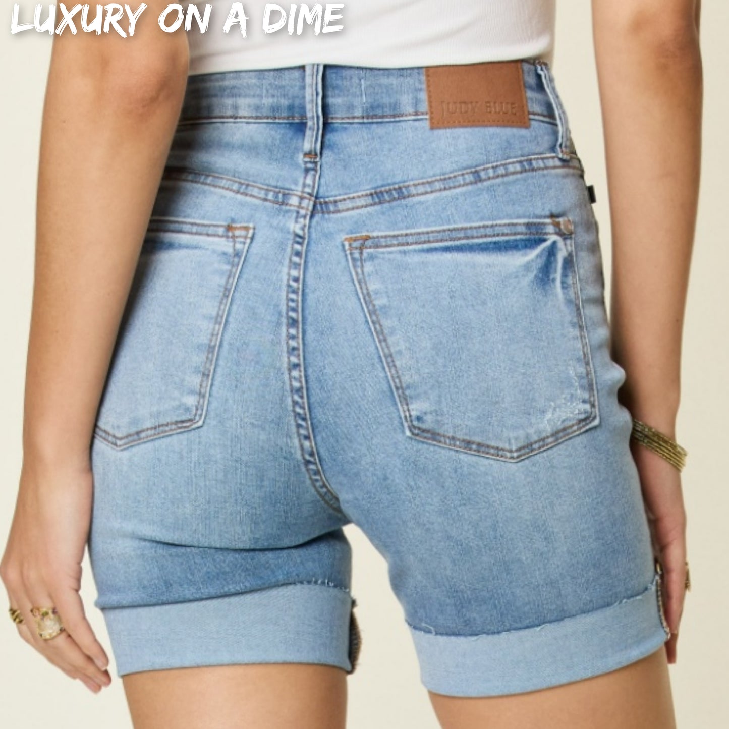 High Rise Tummy Control Denim Shorts Raw Frayed Cuffed Slim Leg Jean Judy Blue