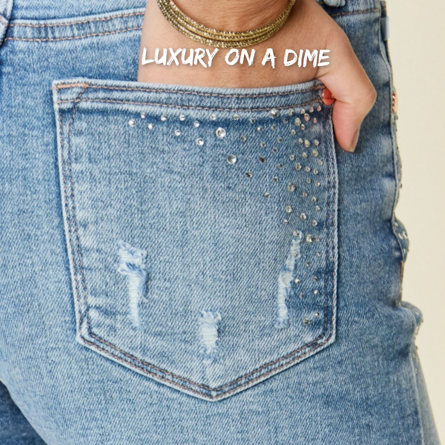 Rhinestone Shorts High Rise Tummy Control Denim Shorts Frayed Cut-Off