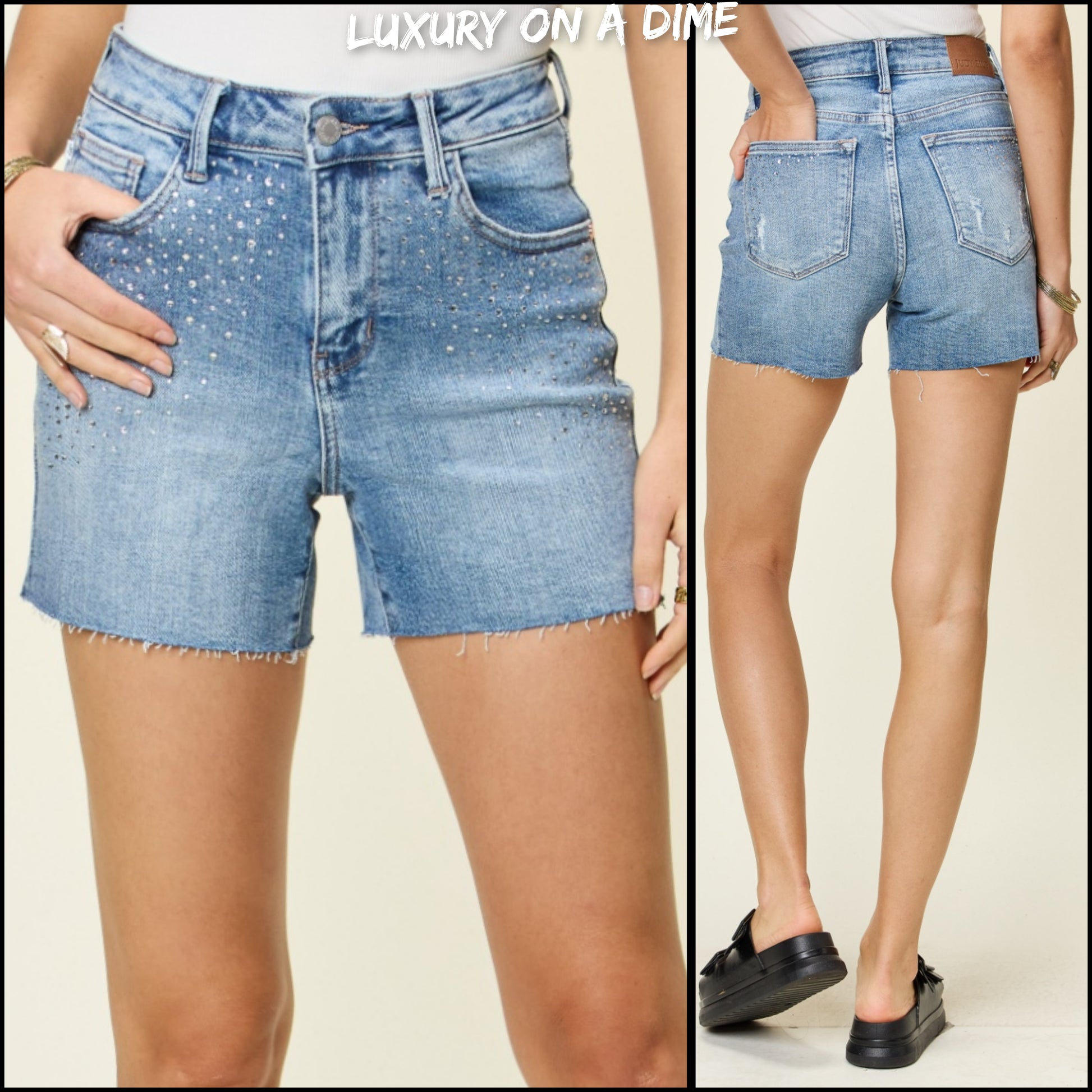 Rhinestone Shorts High Rise Tummy Control Denim Shorts Frayed Cut-Off