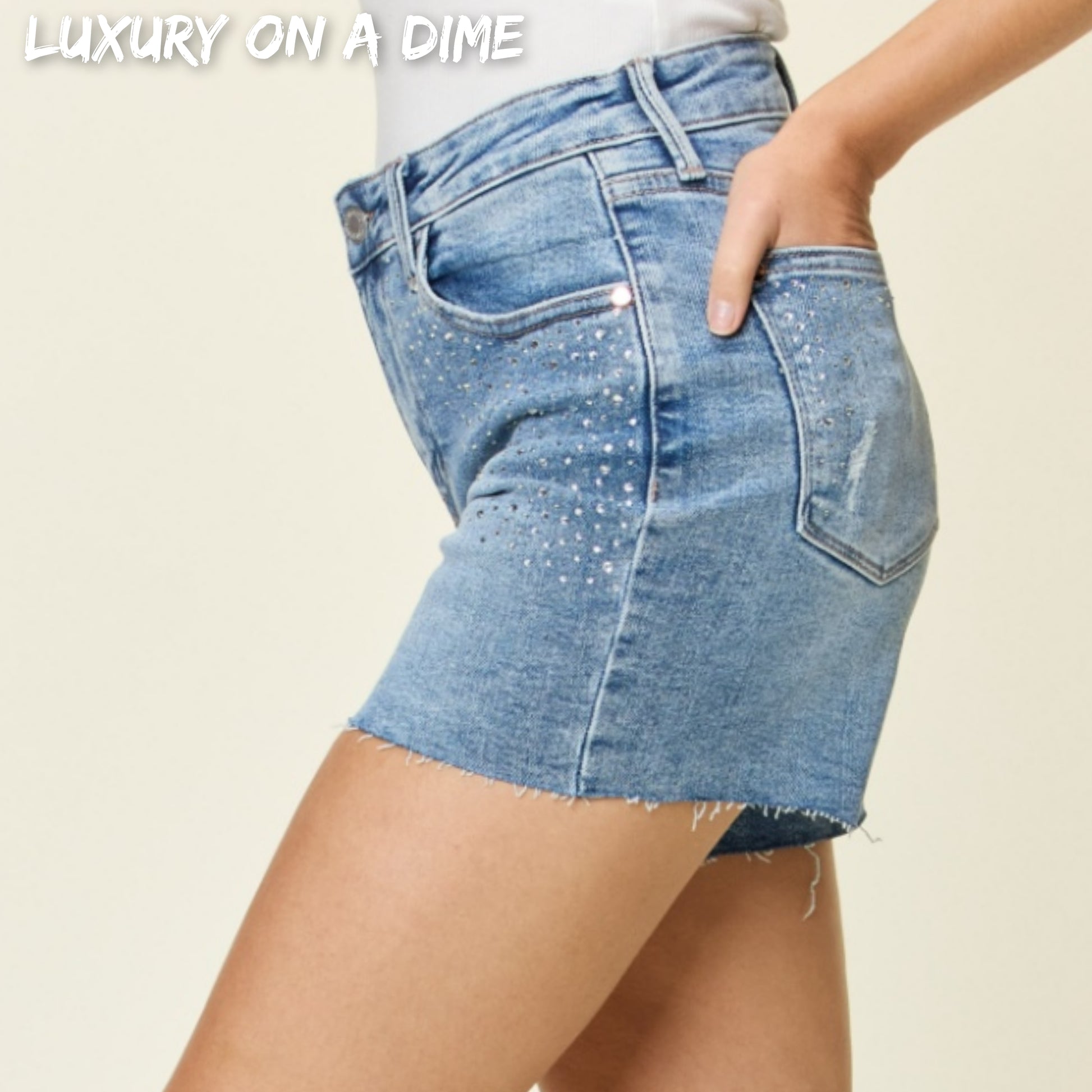 Rhinestone Shorts High Rise Tummy Control Denim Shorts Frayed Cut-Off