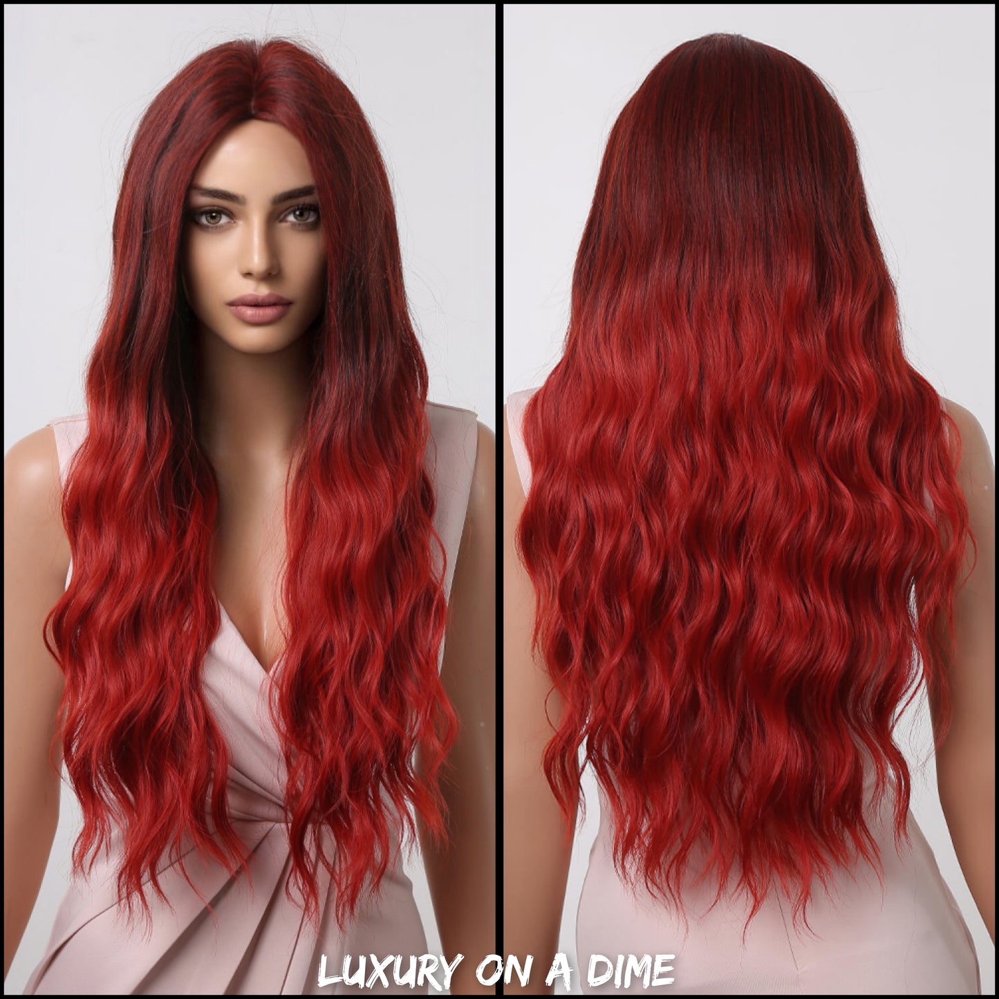 Red Ombre Long Wavy 27" Synthetic Hair Wig 13x1" Lace Front Capless-Cap Adjustable Tabs
