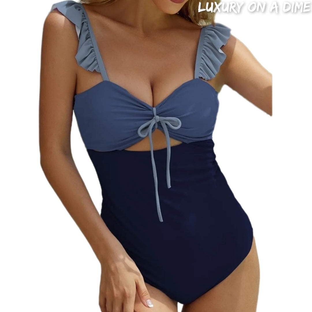 Cutout Sweetheart One Piece Ruffle Shoulder Swimwear Color-Block Swimsuit