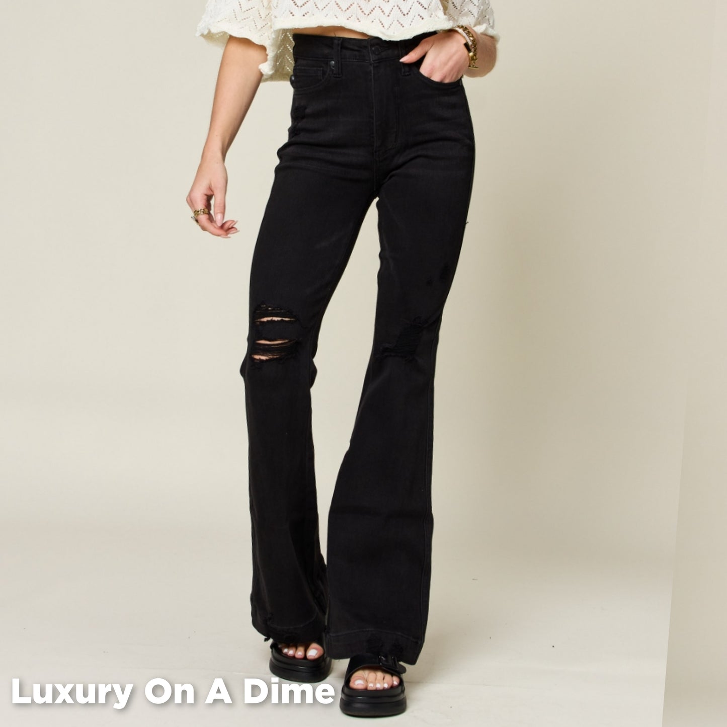 Distressed Tummy Control High Waist Skinny Denim Flare Bell Bottom Jean Pants Judy Blue