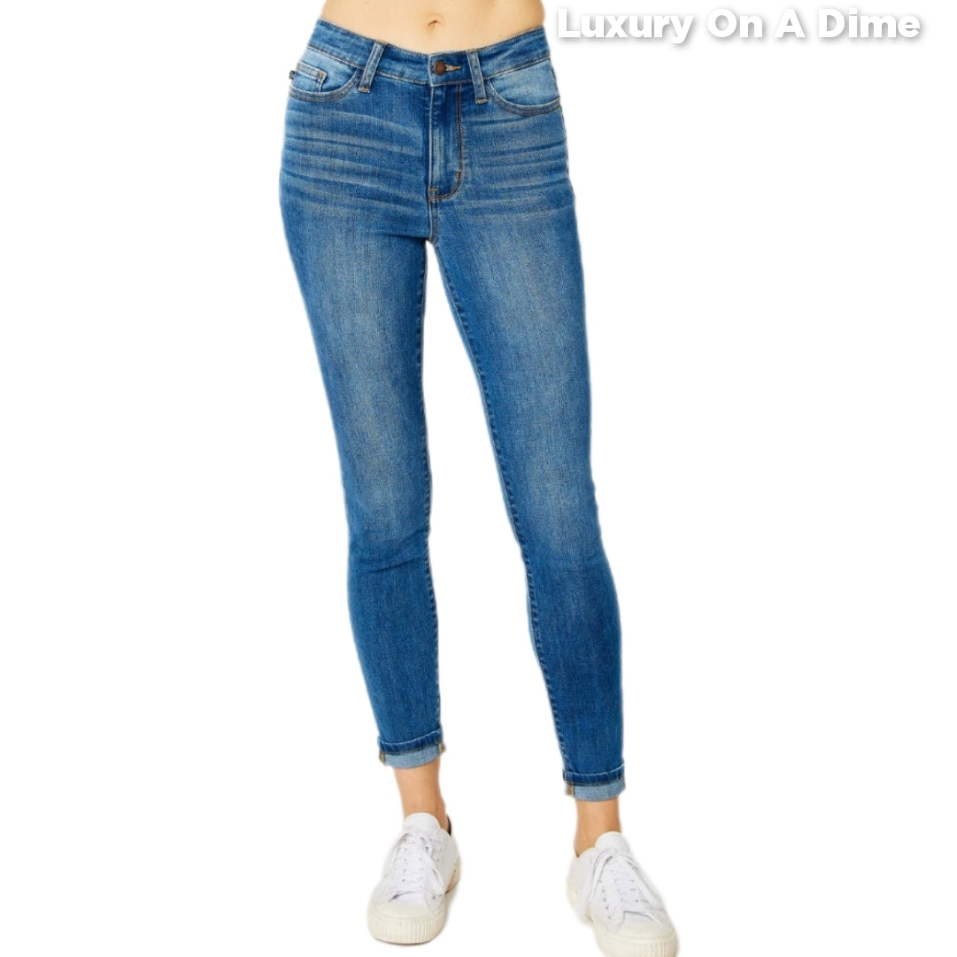 Skinny Stretch Slim Mid-Rise Denim Pants Cuffed Hem Judy Blue Jeans
