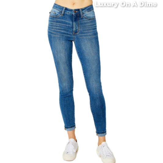 Skinny Stretch Slim Mid-Rise Denim Pants Cuffed Hem Judy Blue Jeans